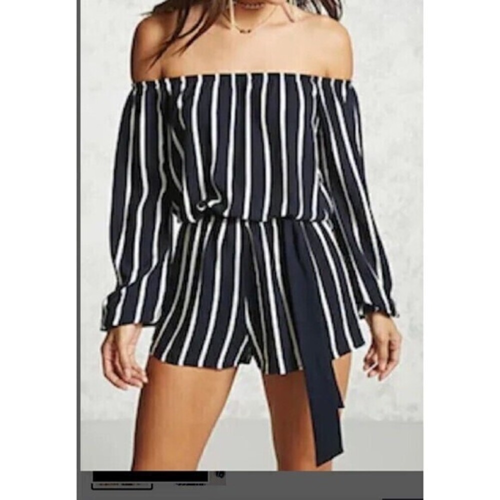 Forever 21 Navy and White Striped Off The Shoulder Long Sleeve Romper Size Small